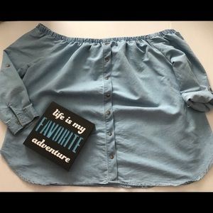 Rue+ Chambray Off Shoulder Button Down Top  f0112